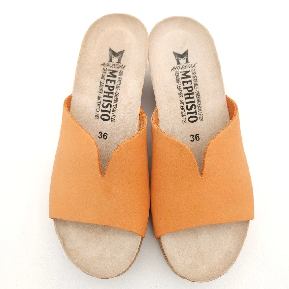 Mephisto Lisane (Women's EU 36 US 6) Orange Sandals Wedge Slide Leather Cork